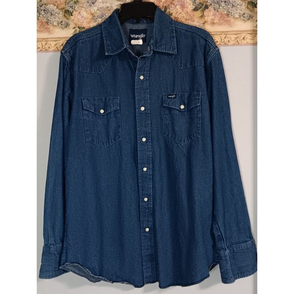 Wrangler Tops - Wrangler Large Blue Denim Pearl Snap Western Outdoor Rodeo Farm Classic Shirt